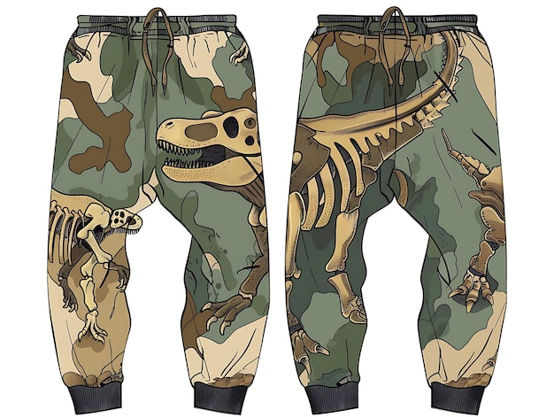 Photo die cut pants with a dinosaur shape featuring fossils and bo creative flat illustration kid clothes