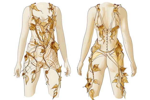 Вырезанный театральный костюм с ткаными золотыми листьями, скручивающимися вверх из иллюстрации Flat Clothes Collection