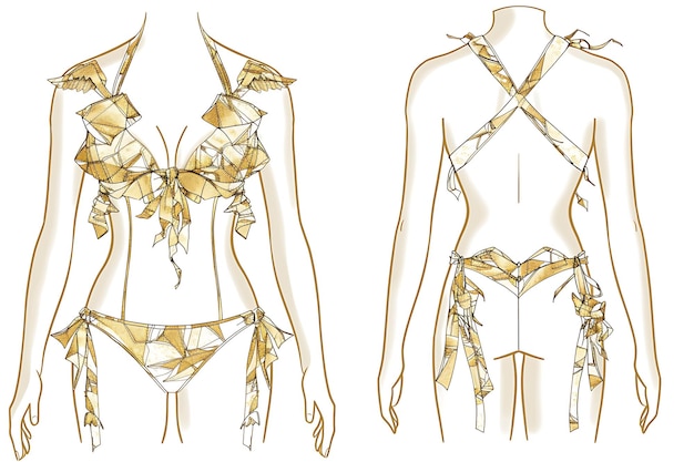Деревянный костюм с тканым золотом Оригами Кран шаблоны Фитт Иллюстрация Плоская одежда Коллекция