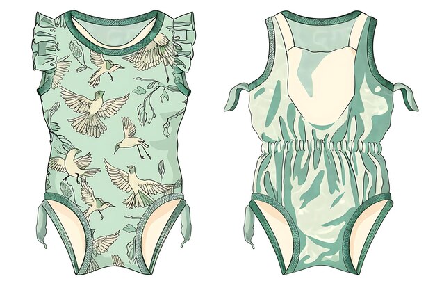 Photo die cut romper with embroidered birds in flight across the w illustration flat clothes collection