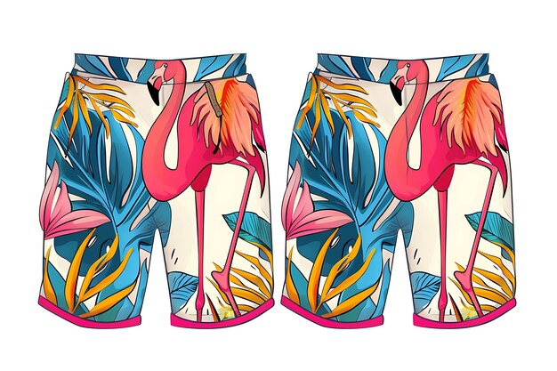 Photo die cut shorts with a flamingo shape on the pockets in tropi illustration flat clothes collection