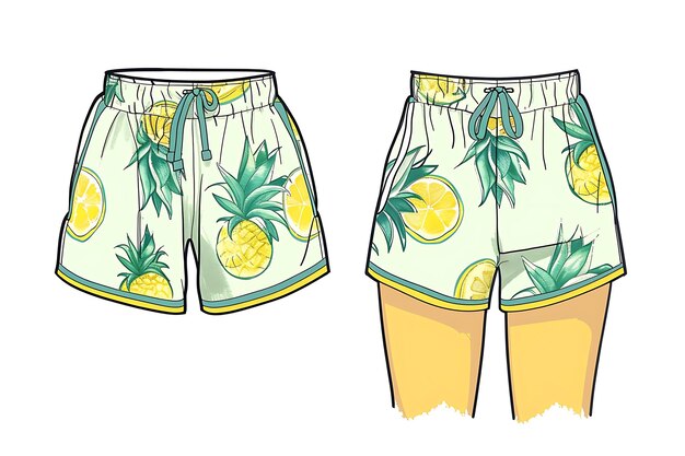 Die Cut Shorts With Mango and Pineapple Slices Pattern Aroun Illustration Flat Clothes Collection