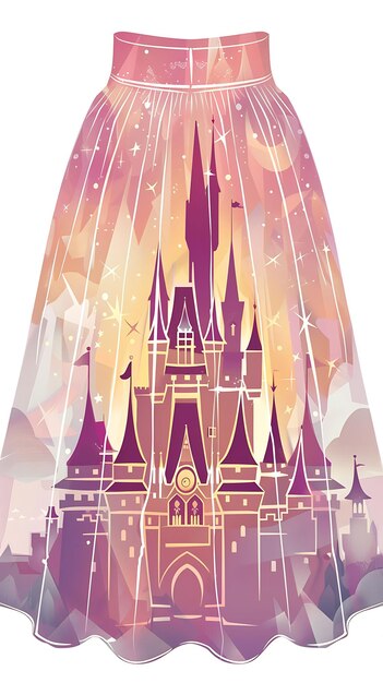 Photo die cut skirt with a fairy tale castle motif in shades of pi creative flat illustration kid clothes