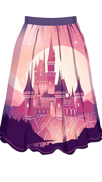 Photo die cut skirt with a fairy tale castle motif in shades of pi creative flat illustration kid clothes