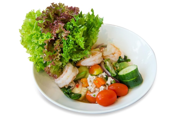 Die cut of SPICY PRAWN SALAD WITH ORGANIC CHINESE KALE on white isolated