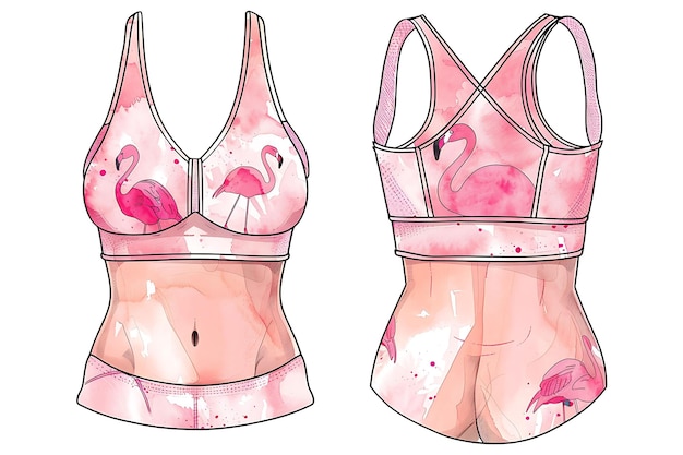 Die Cut Sports Bra With Flamingo Motifs on the Straps With P Illustration Flat Clothes Collection