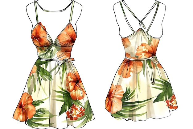 Foto die cut sundress con fiori di ibisco a disegno scoppiante su t illustration flat clothes collection