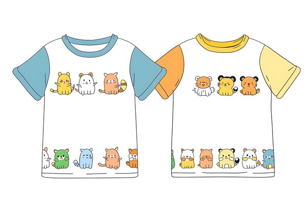 Die Cut Tshirt With Cute Animal Characters on the Sleeves an Illustration Flat Clothes Collection