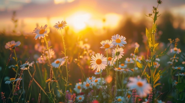 Die warmen Sonnenstrahlen beleuchten eine prachtige Blumenwiese voller leuchtender Farben und Lebens AI Generative