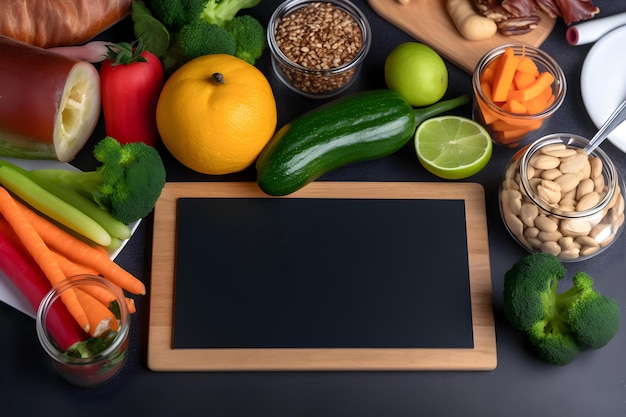 Dieetconcept Samenstelling van gezonde voeding op een tafel AI gegenereerd