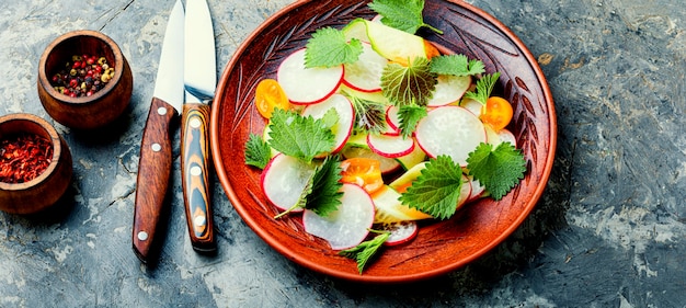 Dieetsalade met komkommer, radijs, tomaat en brandnetelbladeren gezonde voeding lentesalade vegetarisch voedsel
