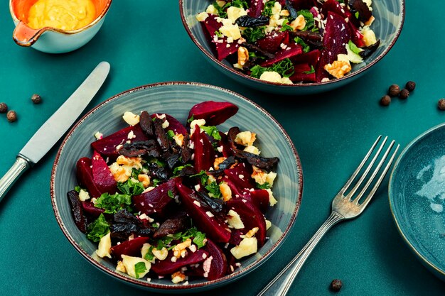 Dieetsalade van gekookte bieten, noten en kaas op de plaat Bieten- of bietensalade