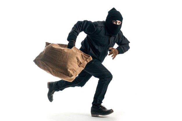 Dief in masker gekleed in het zwart op de vlucht met gestolen tas geïsoleerd op witte achtergrond