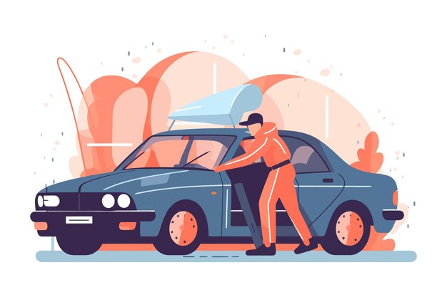 Foto dief inbreken in auto flat vector illustratie geïsoleerd op witte achtergrond