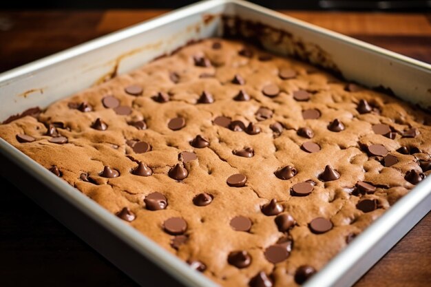 Foto dienblad met ongesneden chocoladebrownies, net uit de oven