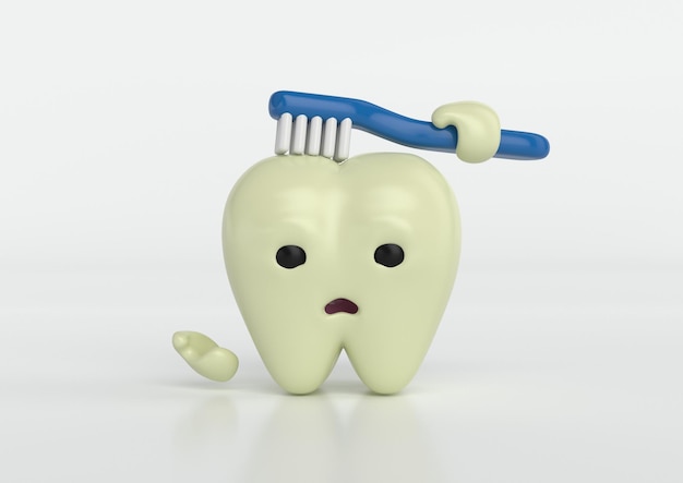 사진 diente triste amarillo con cepillo dental nuevo