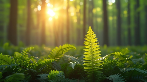 Diep in het bos in de ochtend weelderige wilde en prachtige groene varens bladeren met lege Generative AI