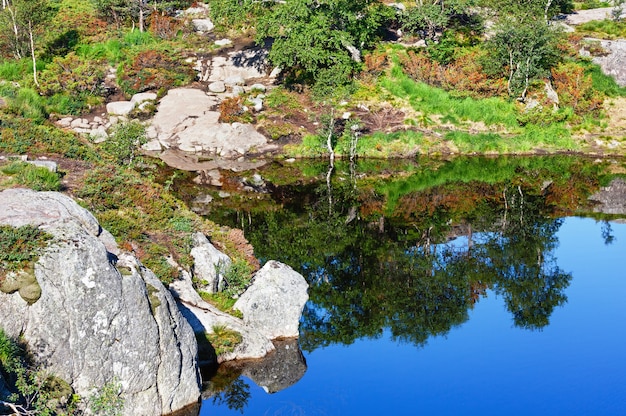 Diepblauw klein bergmeer van Noorwegen met rotsachtige kust