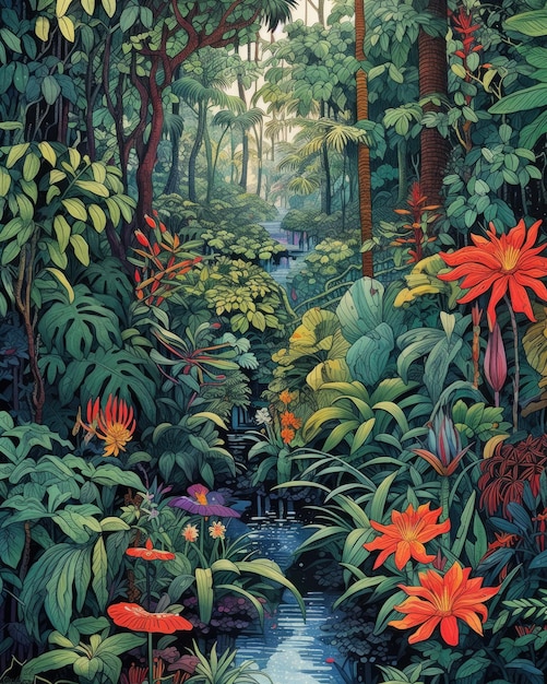 Diepe jungle met weelderig tropisch regenwoud Illustratie Generatieve AI