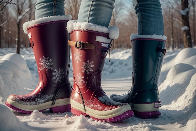 Diepe sneeuw laarzen op dikke sneeuw in de koude winter mooie schoenen om warm te blijven