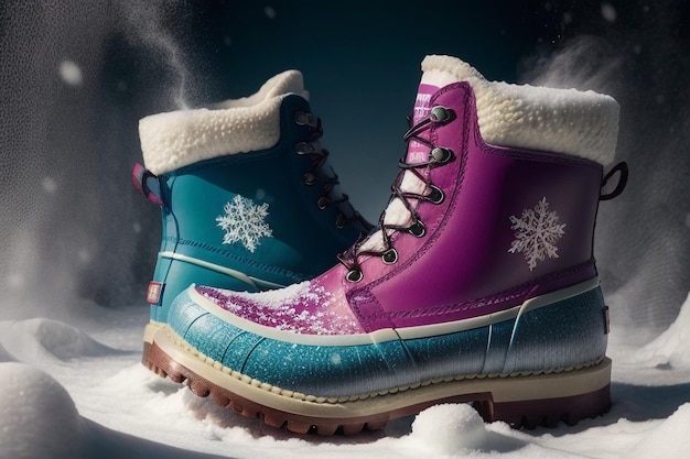 Diepe sneeuw laarzen op dikke sneeuw in de koude winter mooie schoenen om warm te blijven