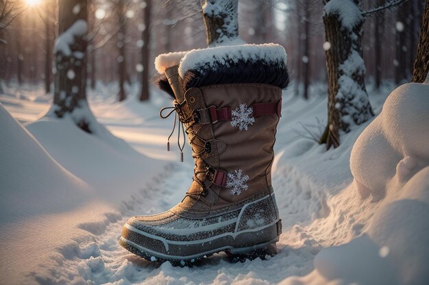 Foto diepe sneeuw laarzen op dikke sneeuw in de koude winter mooie schoenen om warm te blijven