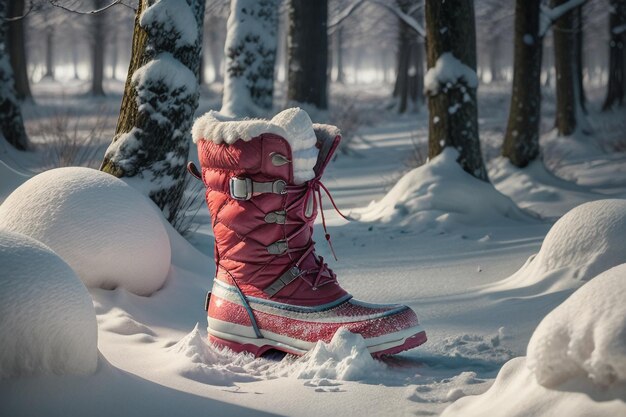 Foto diepe sneeuw laarzen op dikke sneeuw in de koude winter mooie schoenen om warm te blijven