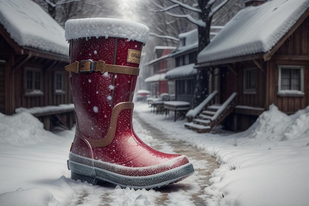 Foto diepe sneeuw laarzen op dikke sneeuw in de koude winter mooie schoenen om warm te blijven