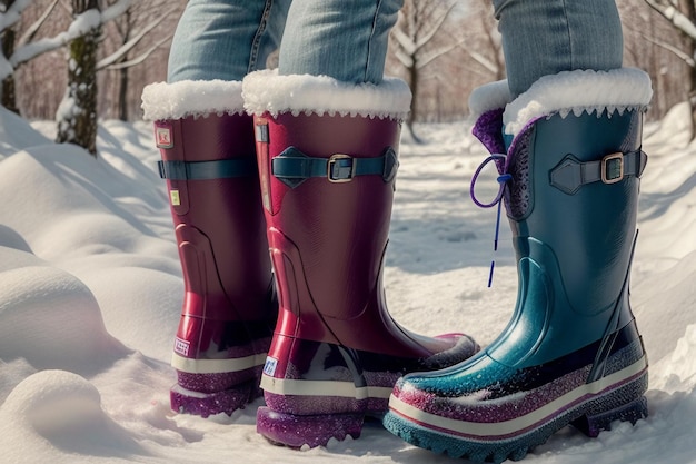 Foto diepe sneeuw laarzen op dikke sneeuw in de koude winter mooie schoenen om warm te blijven