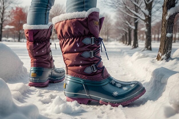 Foto diepe sneeuw laarzen op dikke sneeuw in de koude winter mooie schoenen om warm te blijven