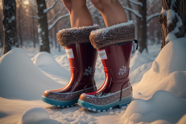 Foto diepe sneeuw laarzen op dikke sneeuw in de koude winter mooie schoenen om warm te blijven