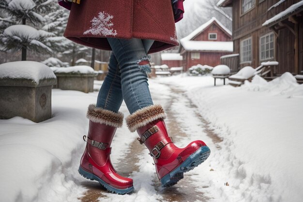 Foto diepe sneeuw laarzen op dikke sneeuw in de koude winter mooie schoenen om warm te blijven