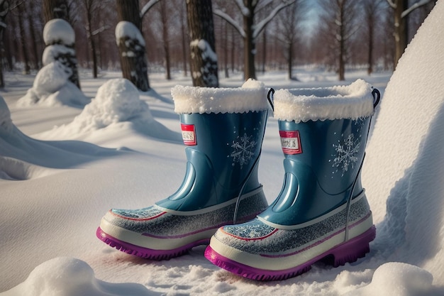 Foto diepe sneeuw laarzen op dikke sneeuw in de koude winter mooie schoenen om warm te blijven