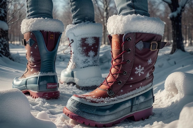 Foto diepe sneeuw laarzen op dikke sneeuw in de koude winter mooie schoenen om warm te blijven