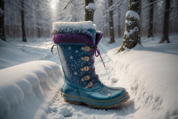 Foto diepe sneeuw laarzen op dikke sneeuw in de koude winter mooie schoenen om warm te blijven