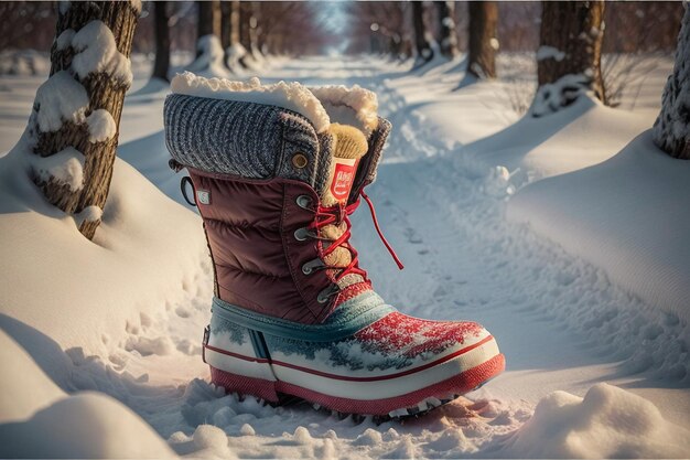 Foto diepe sneeuw laarzen op dikke sneeuw in de koude winter mooie schoenen om warm te blijven