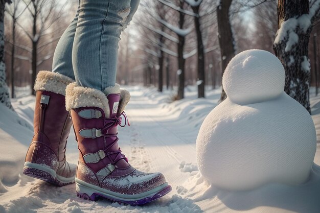 Foto diepe sneeuw laarzen op dikke sneeuw in de koude winter mooie schoenen om warm te blijven