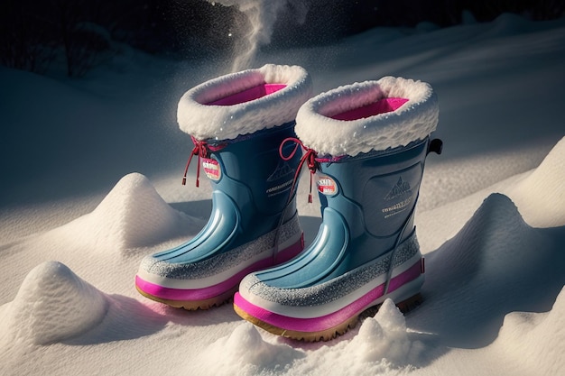 Diepe sneeuwlaarzen op dikke sneeuw in de koude winter, mooie schoenen om warm te blijven