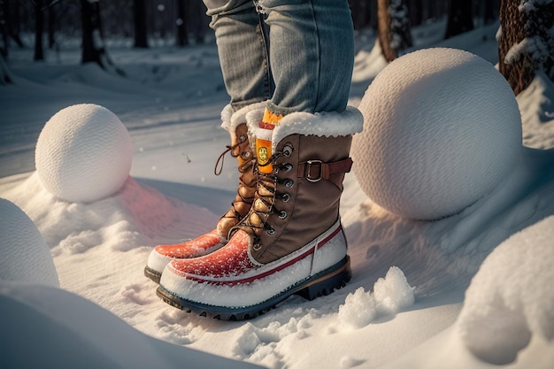 Diepe sneeuwlaarzen op dikke sneeuw in de koude winter, mooie schoenen om warm te blijven