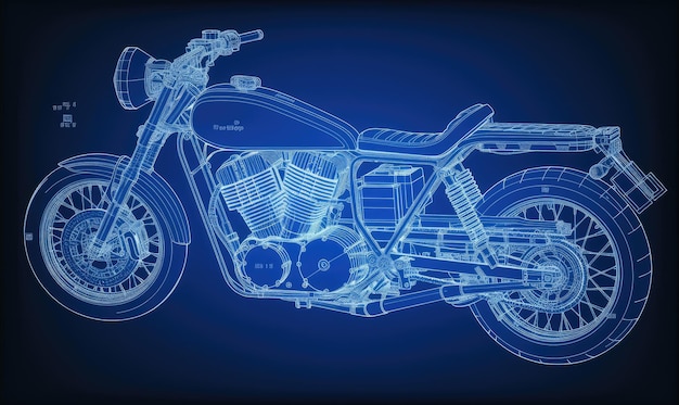 Diepgaande technische tekening van een motorfiets weergegeven in een informatieve blauwdruk Creëren met behulp van generatieve AI-tools