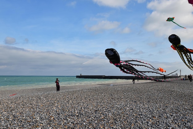 Dieppe frankrijk september kite festival octopus vliegers in de lucht in de Atlantische Oceaan