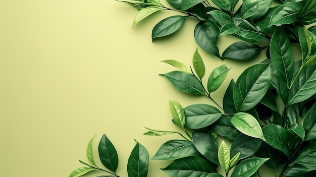 Diepte van groene thee bladeren en knoppen tegen een achtergrond van tropisch gebladerte met ruimte Generatieve AI