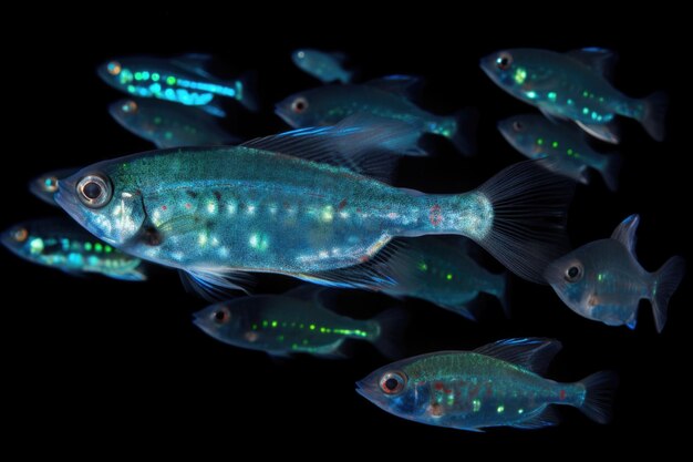 Foto diepzeevissen zwemmen tussen scholen bioluminescent plankton gemaakt met generatieve ai