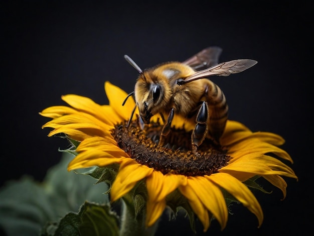 Foto dier foto concept bij geplaatst op zonnebloem geïsoleerde zwarte achtergrond