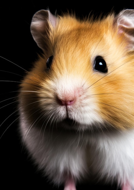 Foto dier gezicht van een hamster op een zwarte achtergrond conceptueel voor frame