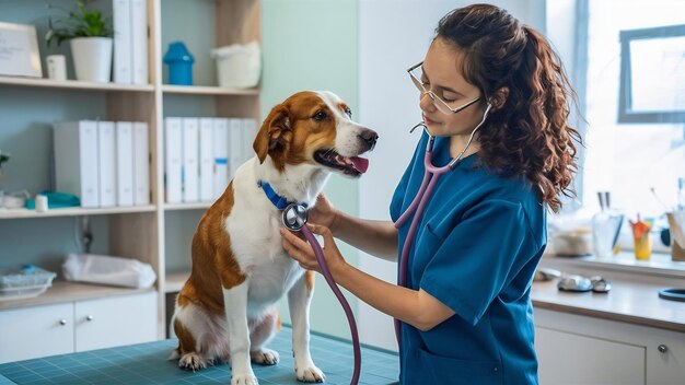 Dierarts controleert de hond met een stethoscoop op tafel in de dierenkliniek