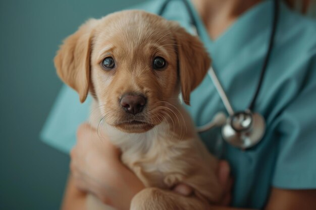 Dierarts die een schattige puppy met zorg en mededogen vasthoudt