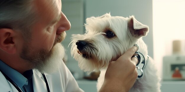 Foto dierarts die het oor van een hond onderzoekt