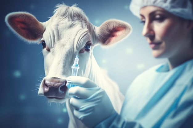 Dierarts houdt een injectiespuit met vaccin op de achtergrond van een melkkoe in een koeienstal