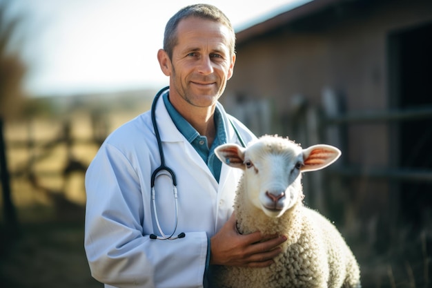 Dierarts houdt een injectiespuit met vaccin op de achtergrond van een melkkoe in een koeienstal